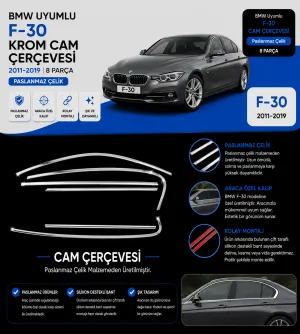 Bmw 3 Serisi F30 2011-2019 Arası Uyumlu Krom Cam Çerçevesi 8 Parça (2012-2018)