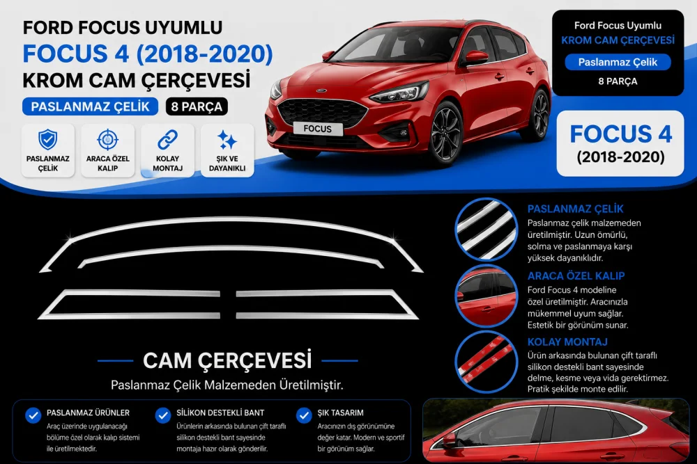 Focus Uyumlu 4 Krom Cam Çerçevesi Paslanmaz Çelik 8 Parça Focus 4 (2018-2020)