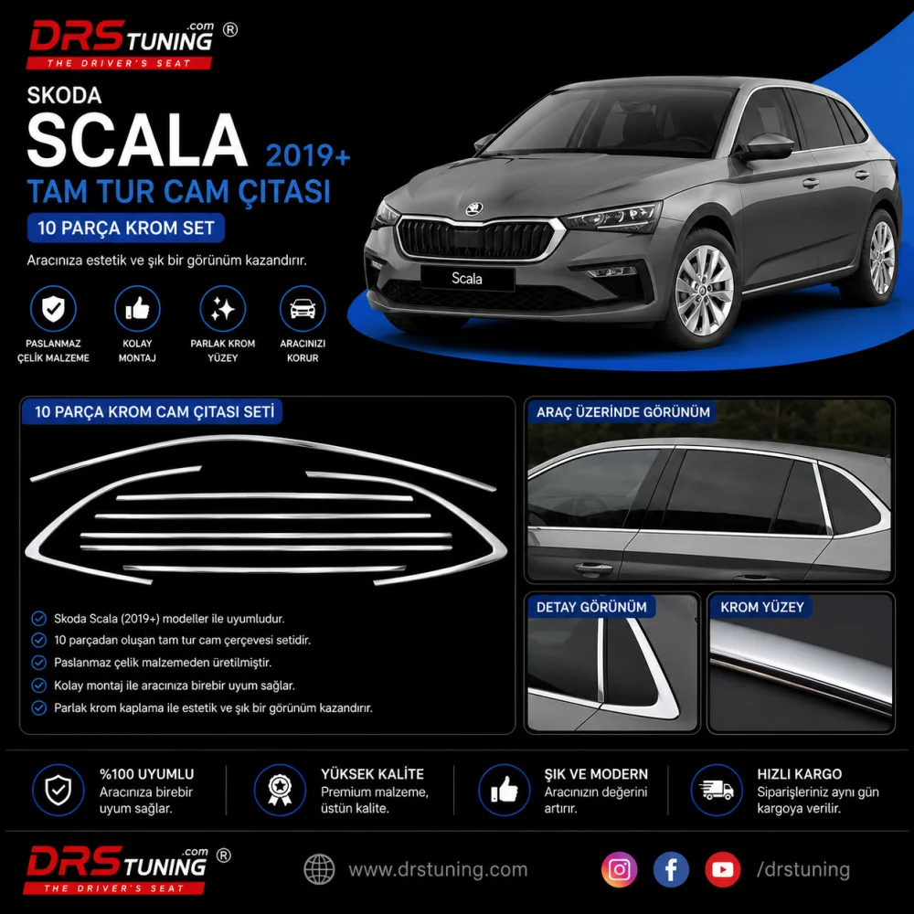 Skoda Scala Uyumlu Krom TAM TUR 10 PARÇA Cam Alt Çıtası 2019-2023 Parça