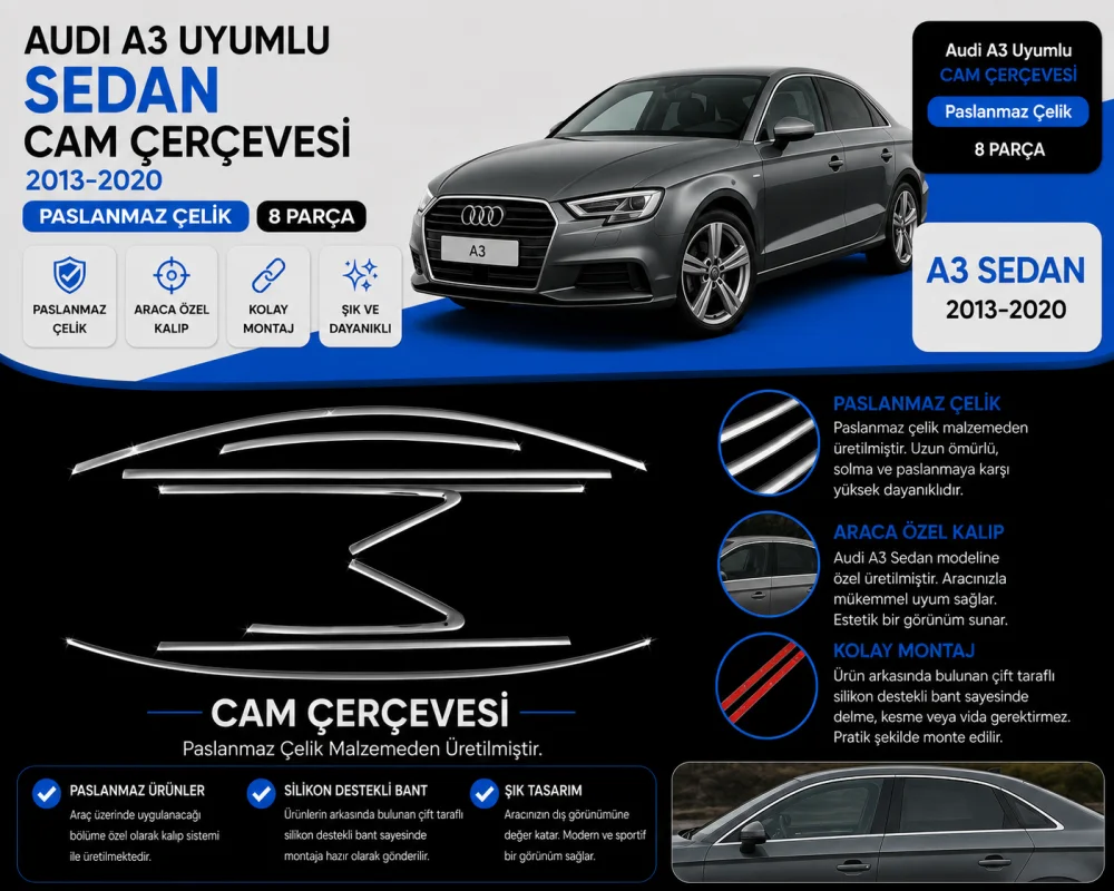 Drs Tuning Audi A3 Uyumlu Sedan Krom Cam Çerçevesi 10 Parça 	A3 8V (2012-2019)