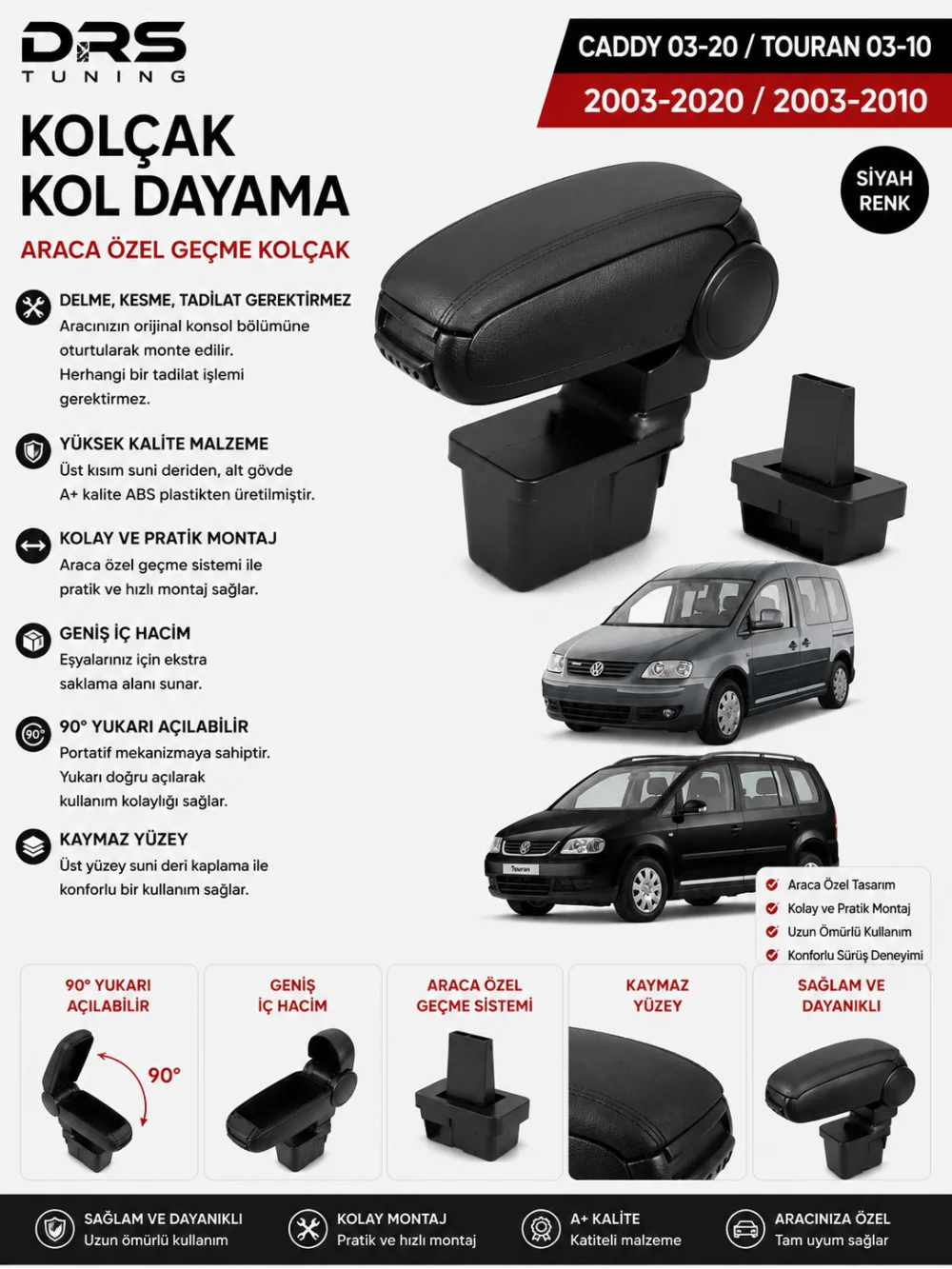 Drs Tuning Caddy 2003 - 2020 / Touran 2003 - 2015 Kolçak Kol Dayama Siyah