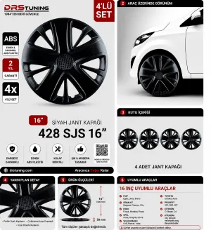Renault Uyumlu 16 Inc Kırılmaz Parlak Siyah Jant Kapağı 1 Takım 4 Adet No:428