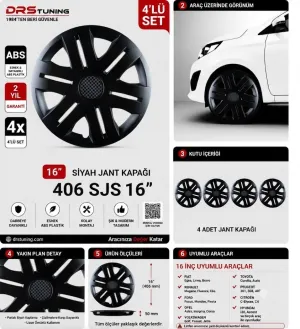 Peugeot Uyumlu 16 Inc Kırılmaz Parlak Siyah Jant Kapağı 1 Takım 4 Adet No:406