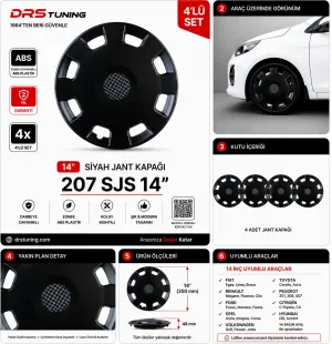 Drs Tuning Peugeot Uyumlu 14 Inc Kırılmaz Parlak Siyah Jant Kapağı 1 Takım 4 Adet No:207