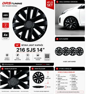 Opel Uyumlu 14 Inc Kırılmaz Parlak Siyah Jant Kapağı 1 Takım 4 Adet No:216