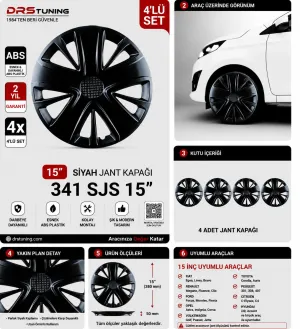 Honda Uyumlu 15 Inc Kırılmaz Parlak Siyah Jant Kapağı 1 Takım 4 Adet No:341