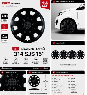 Honda Uyumlu 15 Inc Kırılmaz Parlak Siyah Jant Kapağı 1 Takım 4 Adet No:314