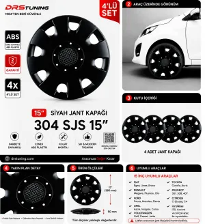 Fiat Uyumlu 15 Inç Kırılmaz Parlak Siyah Jant Kapağı 1 Takım 4 Adet No:304
