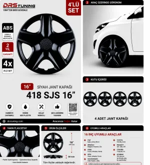 Dacia Uyumlu 16 Inc Kırılmaz Parlak Siyah Jant Kapağı 1 Takım 4 Adet No:418