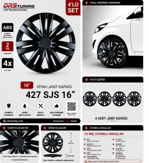 Chery Uyumlu 16 Inç Kırılmaz Parlak Siyah Jant Kapağı 1 Takım 4 Adet No:427