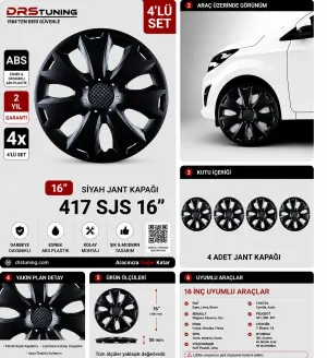 Chery Uyumlu 16 Inç Kırılmaz Parlak Siyah Jant Kapağı 1 Takım 4 Adet No:417