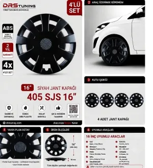 Chery Uyumlu 16 Inc Kırılmaz Parlak Siyah Jant Kapağı 1 Takım 4 Adet No:405