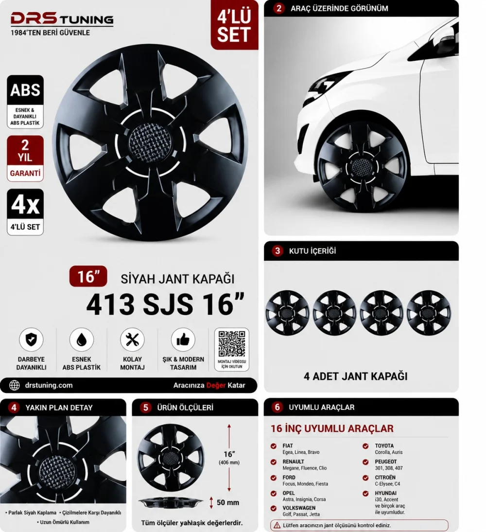 Drs Tuning Alfa Romeo Uyumlu 16 Inç Kırılmaz Parlak Siyah Jant Kapağı 1 Takım 4 Adet No:413