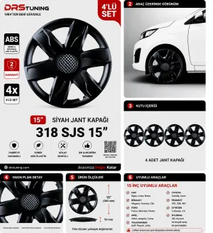 Drs Tuning Alfa Romeo Uyumlu 15 Inc Kırılmaz Parlak Siyah Jant Kapağı 1 Takım 4 Adet No:318