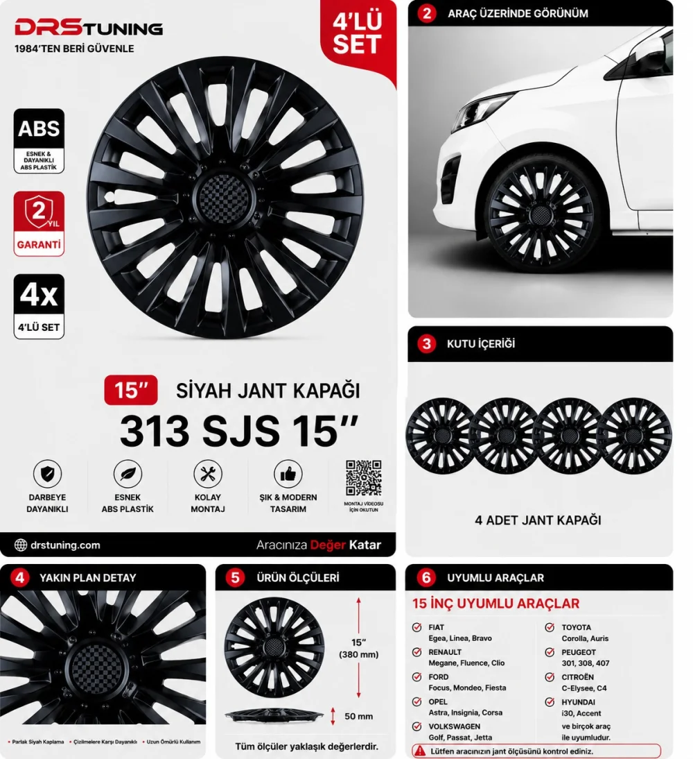Drs Tuning Alfa Romeo Uyumlu 15 Inc Kırılmaz Parlak Siyah Jant Kapağı 1 Takım 4 Adet No:313