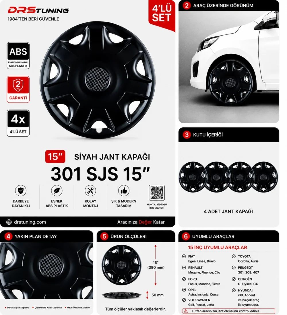 Drs Tuning Alfa Romeo Uyumlu 15 Inc Kırılmaz Parlak Siyah Jant Kapağı 1 Takım 4 Adet No:301