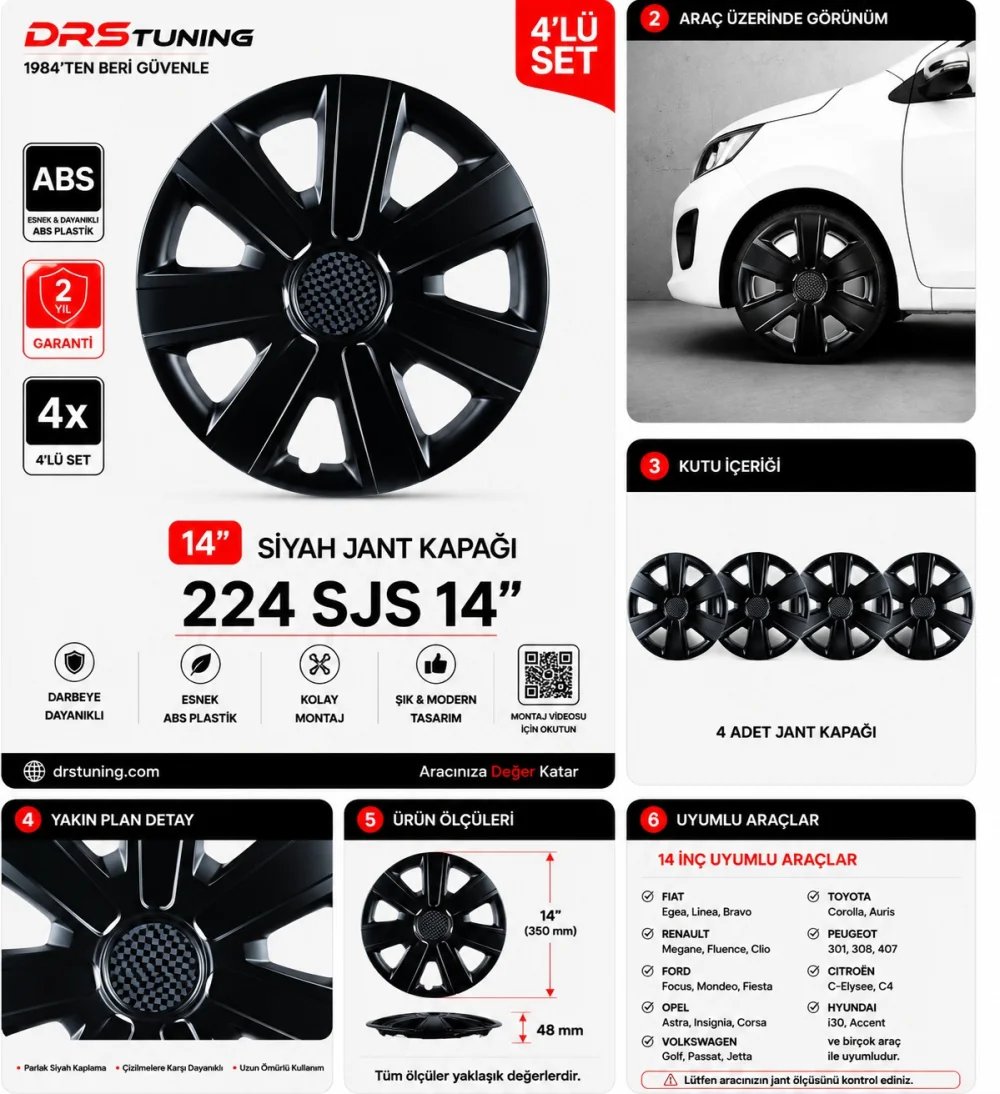 Drs Tuning Alfa Romeo Uyumlu 14 Inç Kırılmaz Parlak Siyah Jant Kapağı 1 Takım 4 Adet No:224