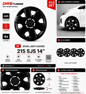 Drs Tuning Alfa Romeo Uyumlu 14 Inç Kırılmaz Parlak Siyah Jant Kapağı 1 Takım 4 Adet No:215
