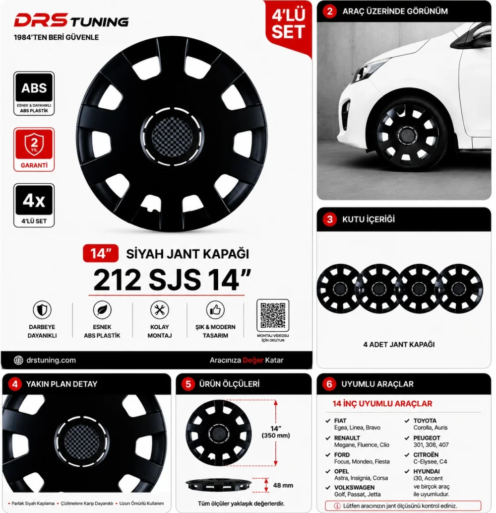 Drs Tuning Alfa Romeo Uyumlu 14 Inç Kırılmaz Parlak Siyah Jant Kapağı 1 Takım 4 Adet No:212