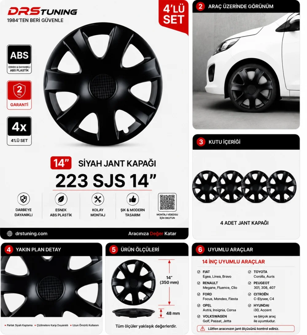 Drs Tuning Alfa Romeo Uyumlu 14 Inc Kırılmaz Parlak Siyah Jant Kapağı 1 Takım 4 Adet No:223