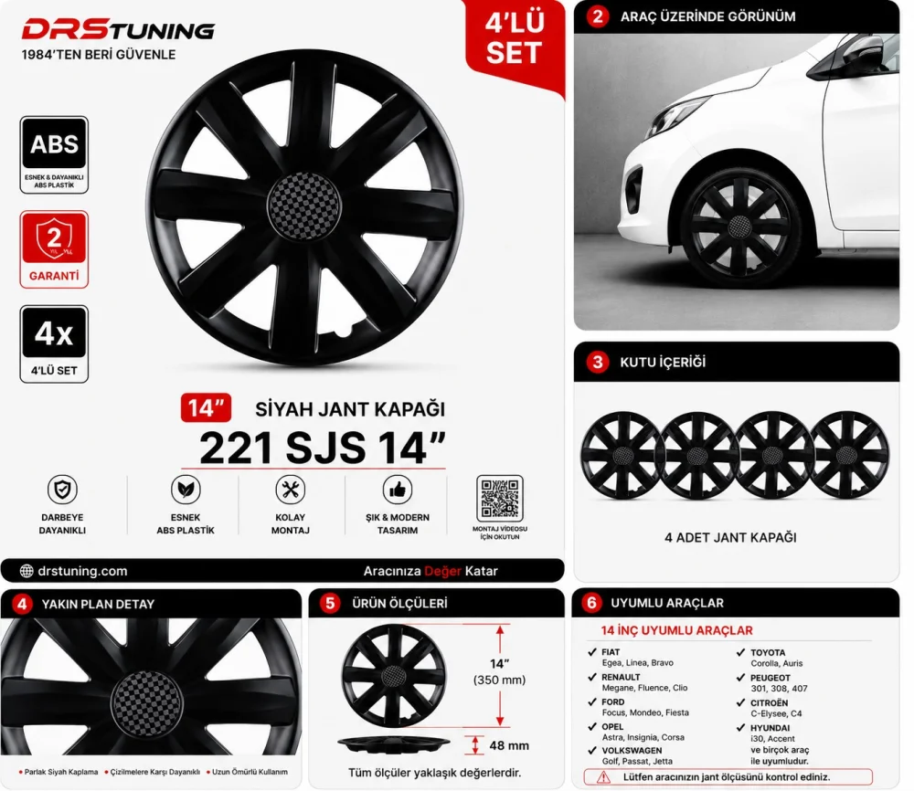 Drs Tuning Alfa Romeo Uyumlu 14 Inc Kırılmaz Parlak Siyah Jant Kapağı 1 Takım 4 Adet No:221