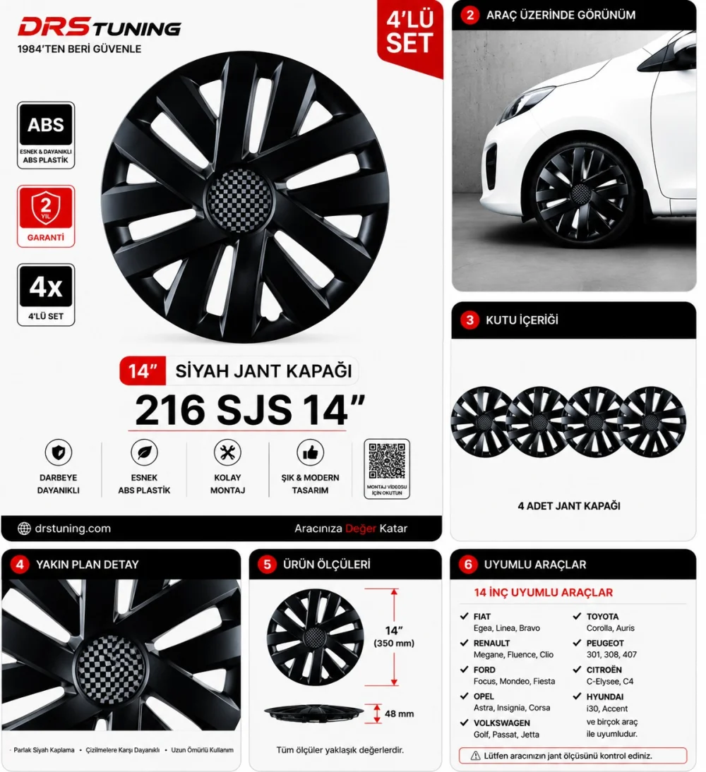 Drs Tuning Alfa Romeo Uyumlu 14 Inc Kırılmaz Parlak Siyah Jant Kapağı 1 Takım 4 Adet No:216