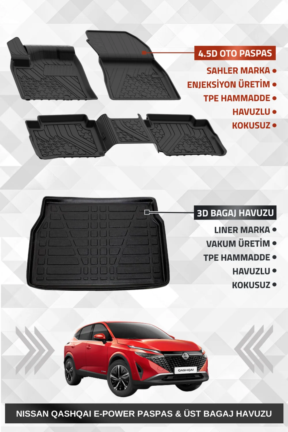 Sahler Qashqai E-Power 2022 + Uyumlu 4.5D Premium Havuzlu Oto Paspas ve Liner Marka 3D UST Bagaj Havuzu