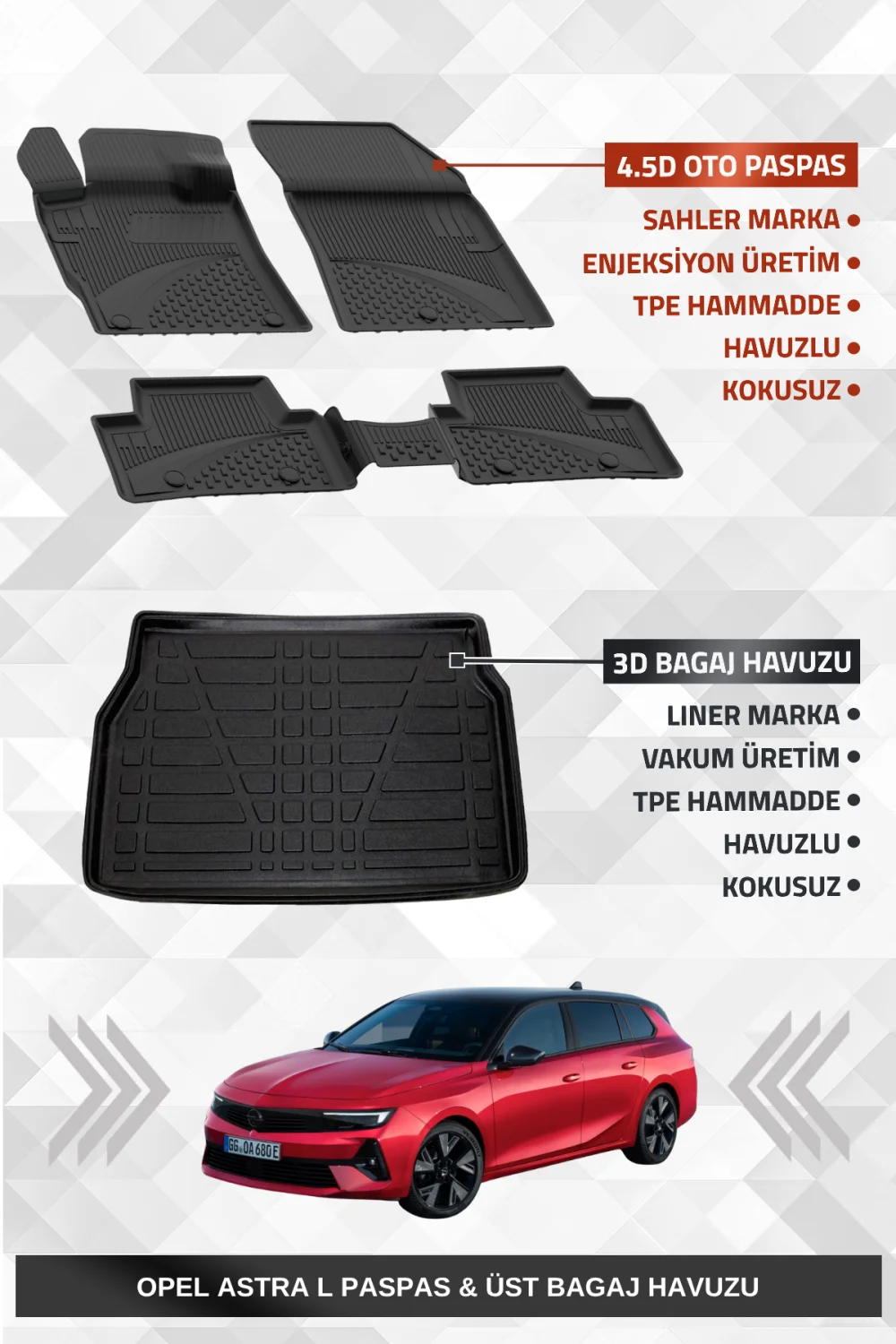 Sahler Opel Astra L 2022+ Uyumlu 4.5D Premium Havuzlu Oto Paspas ve Liner Marka 3D ÜST Bagaj Havuzu