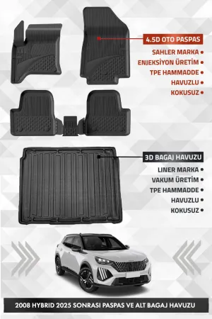 Drs Tuning Peugeot 2008 Hybrid 2025 Ve Sonrası Uyumlu 4.5D Premium Havuzlu Oto Paspas Ve Liner Alt Bagaj Havuzu