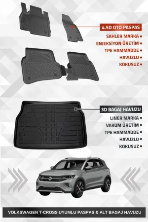 Volkswagen T-Cross 2022 Sonrası Sahler 4.5D Premium Havuzlu Oto Paspas Ve Liner 3D Alt Bagaj Havuzu