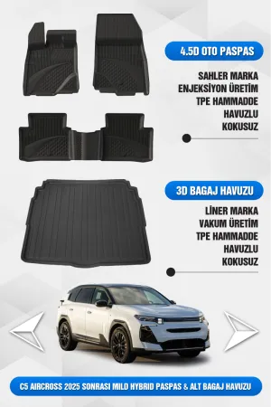 Citroen C5 Aircross Mild Hybrid 2025+ Uyumlu 4.5D Sahler Premium Havuzlu Paspas Ve Liner Marka Alt Bagaj Havuzu