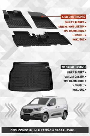 Sahler Opel Combo E 2019+ Uyumlu 4.5D Premium Havuzlu Oto Paspas Ve Liner Marka 3D Bagaj Havuzu