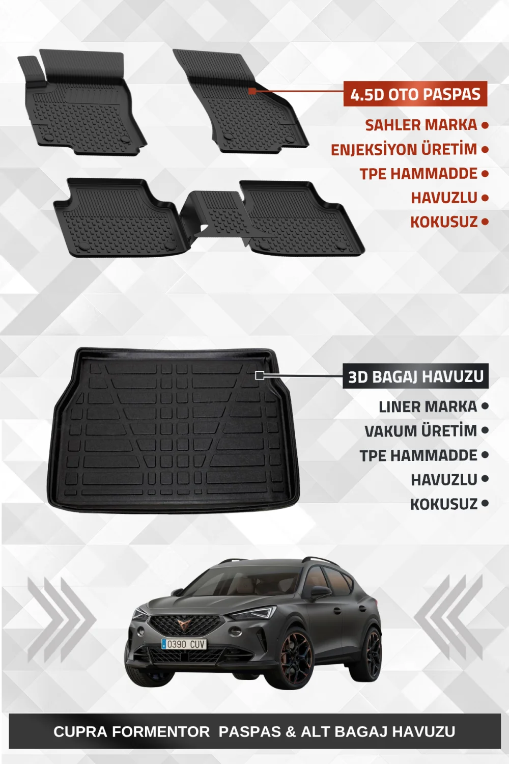 Sahler Cupra Formentor 2020-2024 Uyumlu 4.5D Premium Havuzlu Oto Paspas ve Liner Marka 3D ALT Bagaj Havuzu