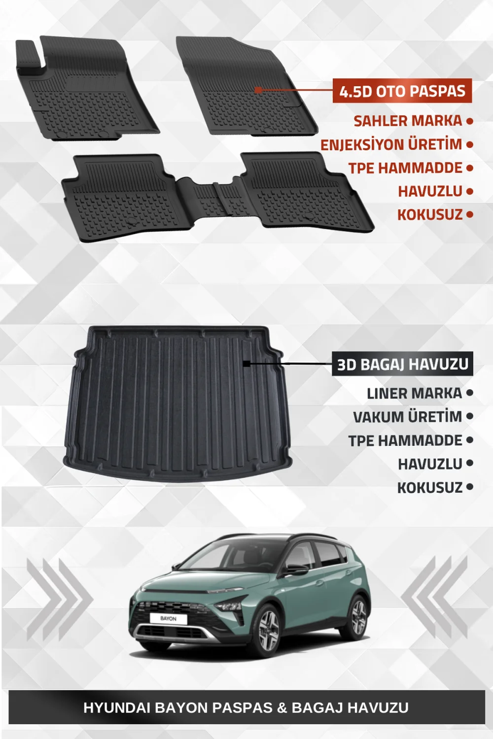 Sahler Hyundai Bayon 2021+ Uyumlu 4.5D Premium Havuzlu Paspas ve Liner Marka 3D Bagaj Havuzu