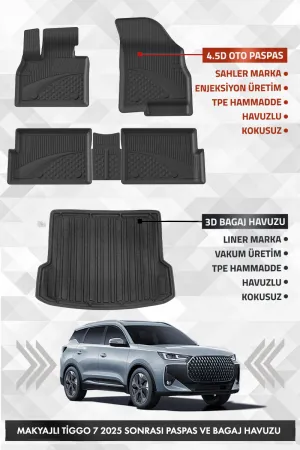Chery Yeni Tiggo 7 T1E Fl 2025-Günümüz Makyajlı 4.5D Premium Havuzlu Oto Paspas Ve Liner Bagaj Havuzu