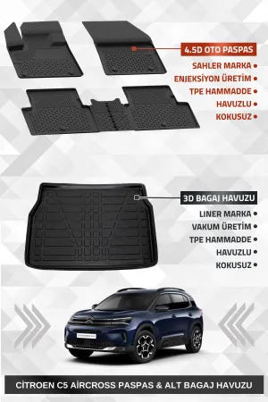 Sahler C5 Aircross 2019+ Uyumlu 4.5D Premium Havuzlu Oto Paspas Ve Liner Marka 3D Alt Bagaj Havuzu