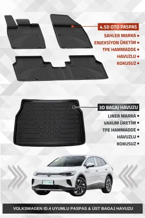 Volkswagen ID.4 2020 Sonrası Sahler 4.5D Premium Havuzlu Oto Paspas ve Liner 3D Üst Bagaj Havuzu