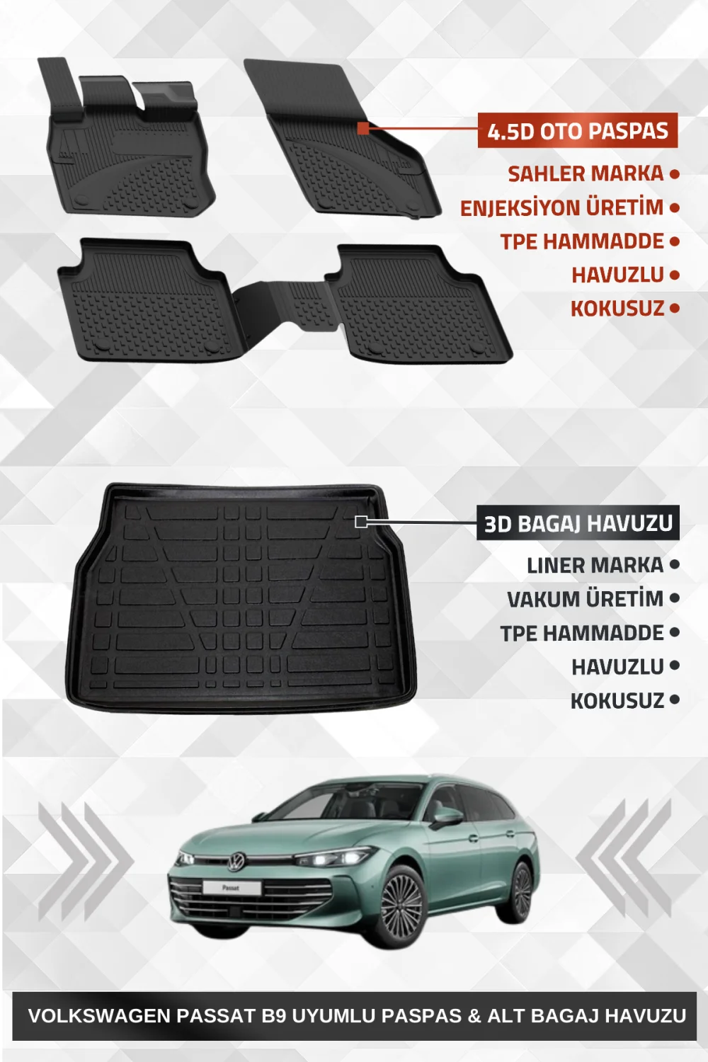 Drs Tuning Passat Variant B9 2024+ Uyumlu 4.5D SAHLER Premium Paspas + Liner Marka 3D ALT Bagaj Havuzu - Passat Variant B9