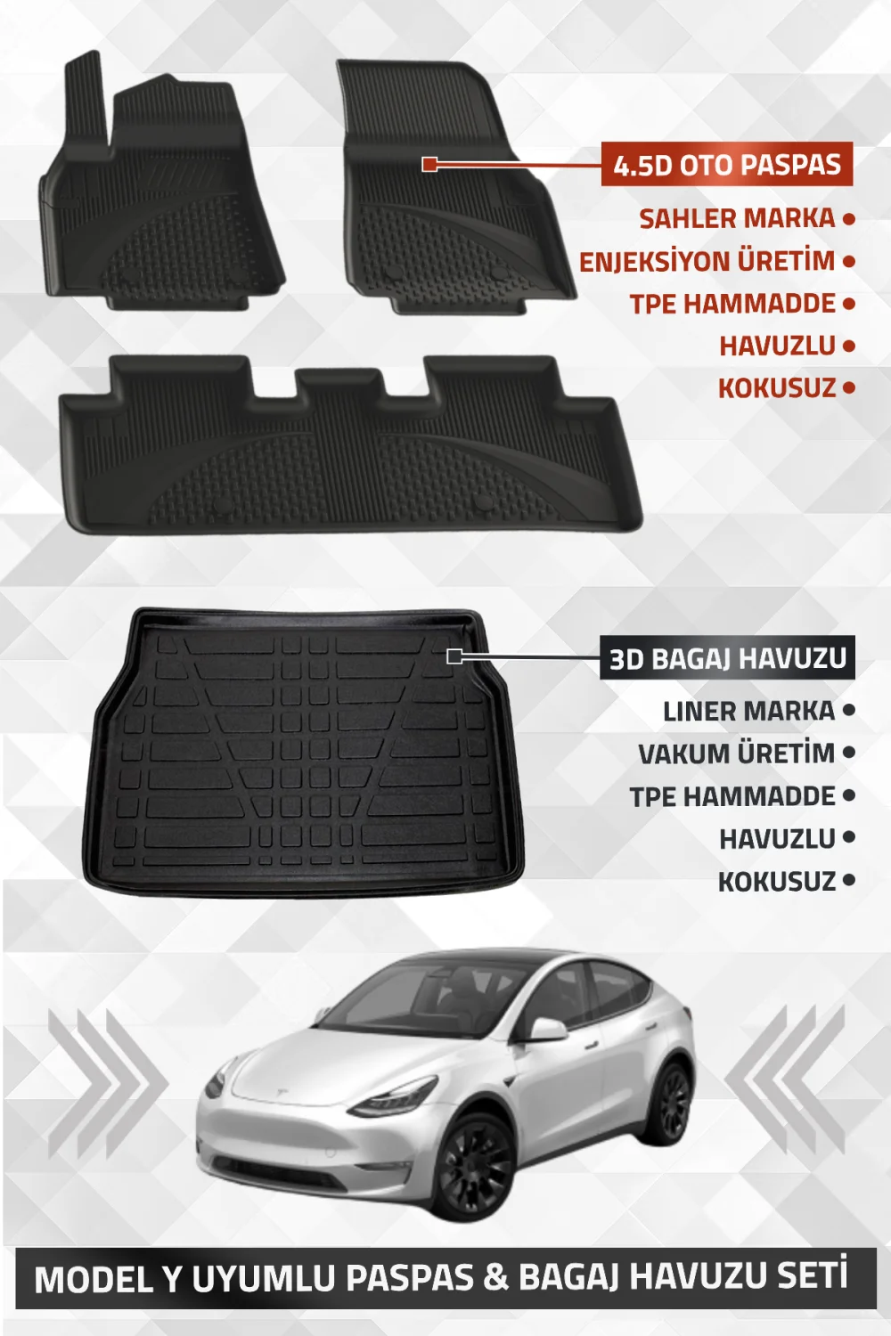 Tesla Model Y 2020-2024 Uyumlu SAHLER 4.5D Premium Havuzlu Oto Paspas ve LİNER Marka 3D Bagaj Havuzu - Model Y