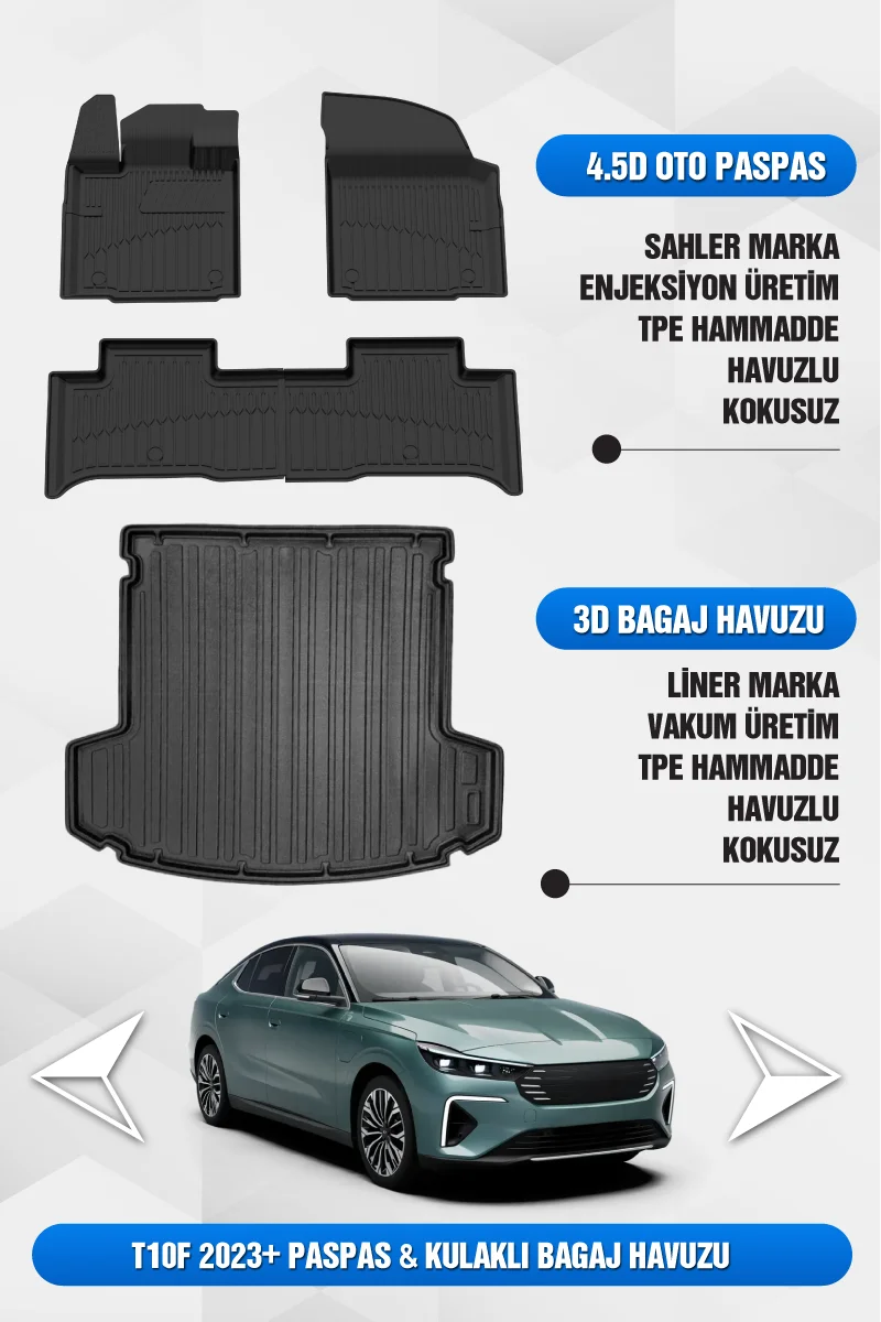 Sahler Togg T10F 2025+ Uyumlu 4.5D Premium Havuzlu Oto Paspas ve Liner Marka 3D Bagaj Havuzu