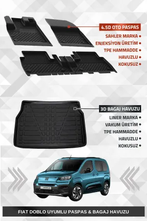 Sahler Fiat Doblo 2023+ Uyumlu 4.5D Premium Havuzlu Oto Paspas Ve Liner Marka 3D Bagaj Havuzu