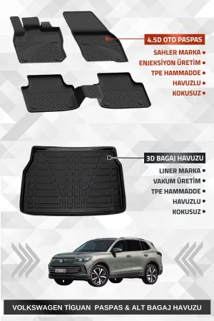 Drs Tuning Sahler Tiguan 2024+ Uyumlu 4.5D Premium Havuzlu Paspas Ve Liner Marka 3D Alt Bagaj Havuzu