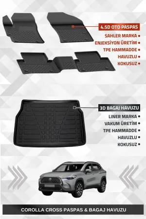 Sahler Corolla Cross 2022+ Uyumlu 4.5D Premium Havuzlu Oto Paspas Ve Liner Marka 3D Bagaj Havuzu - Corolla Cross