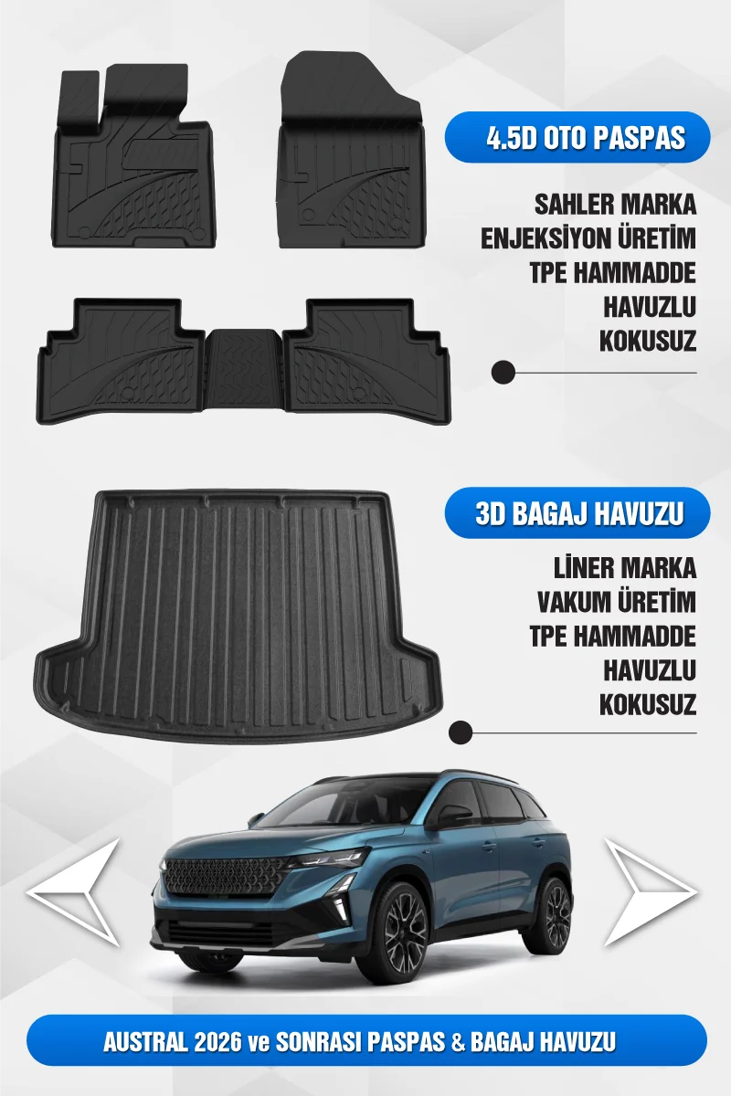 Renault Austral 2026 Sonrası Makyajlı Kasa Uyumlu 4.5 Havuzlu Oto Paspas ve Liner Marka 3D Bagaj Havuzu - Austral