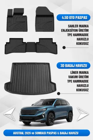 Renault Austral 2026 Sonrası Makyajlı Kasa Uyumlu 4.5 Havuzlu Oto Paspas Ve Liner Marka 3D Bagaj Havuzu - Austral