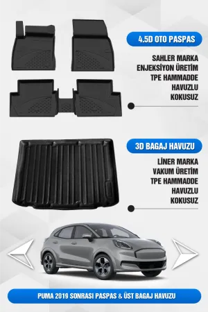 Ford Puma Cx482 2019 Sonrası Uyumlu 4.5D Premium Havuzlu Oto Paspas Ve Liner Üst Bagaj Havuzu -Gen-E Uymaz