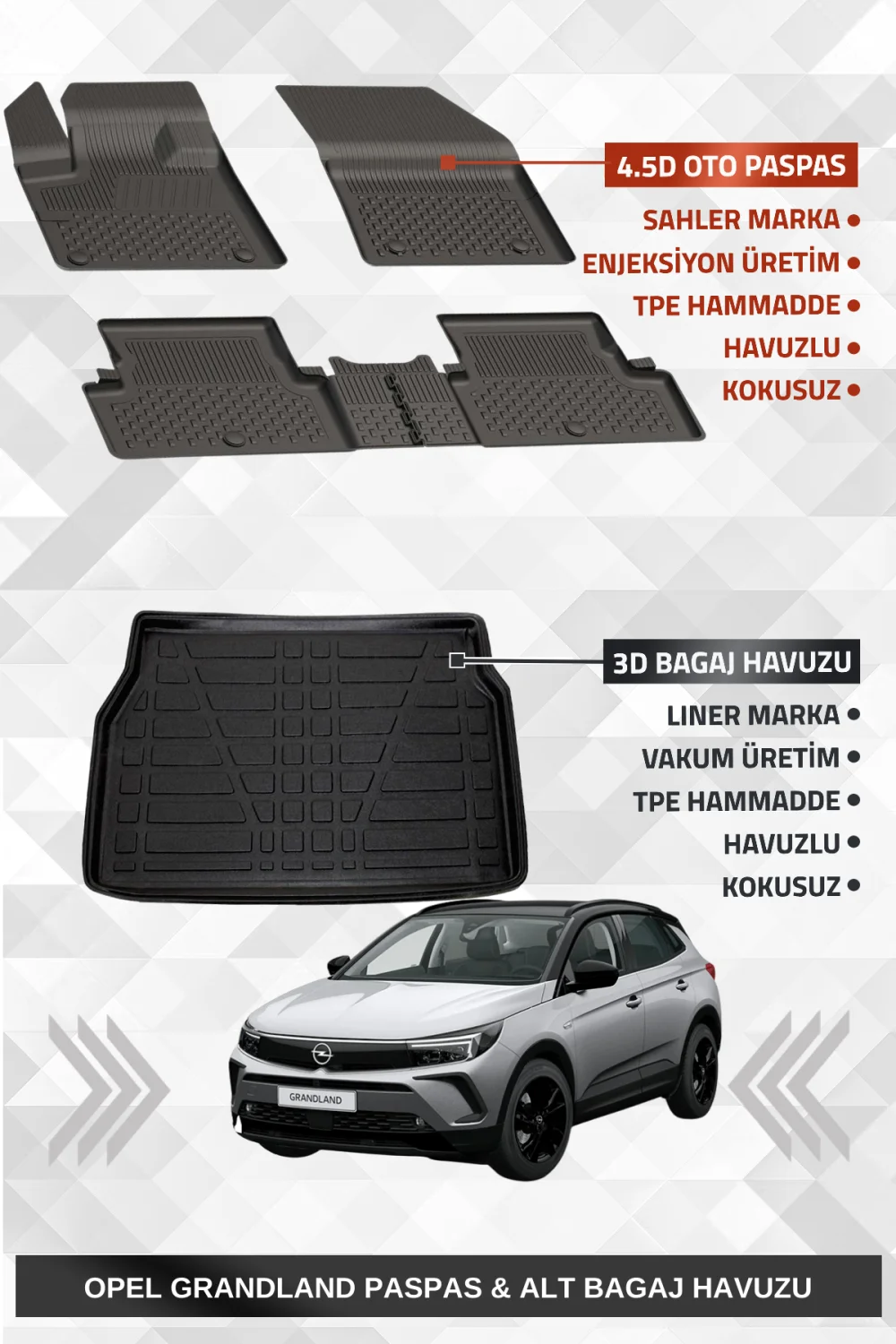 Sahler Opel Grandland 2017-2024 Uyumlu 4.5D Premium Havuzlu Oto Paspas ve Liner Marka 3D ALT Bagaj Havuzu - Grandland