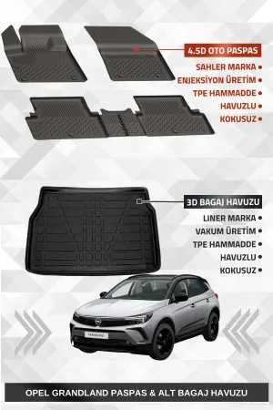 Sahler Opel Grandland 2017-2024 Uyumlu 4.5D Premium Havuzlu Oto Paspas Ve Liner Marka 3D Alt Bagaj Havuzu - Grandland