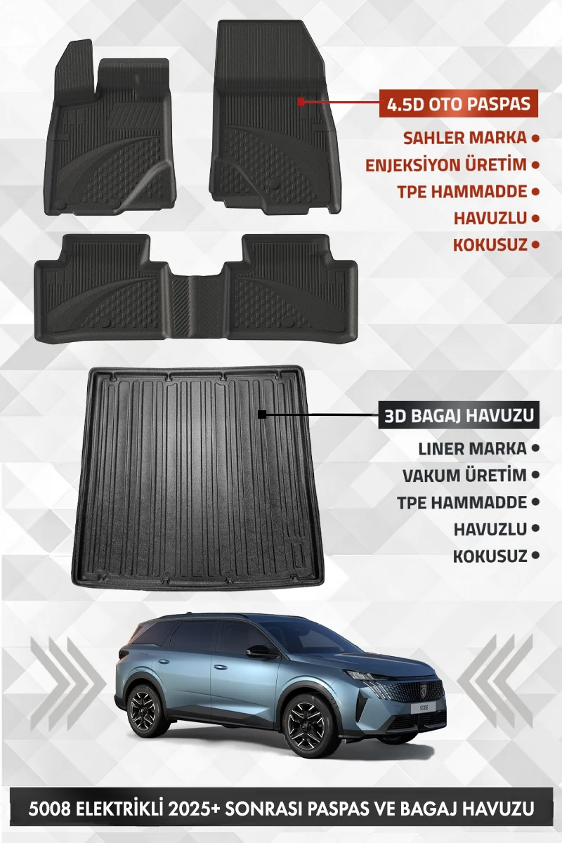 Peuegot 5008 Elektrikli 2024 Sonrası Uyumlu 4.5D Premium Havuzlu Oto Paspas ve Liner Bagaj Havuzu