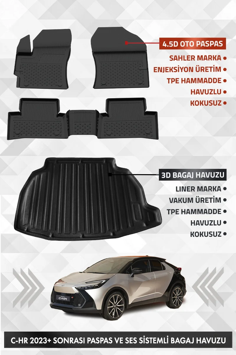 Sahler Toyota C-HR 2023 Sonrası Uyumlu 4.5D Premium Havuzlu Oto Paspas ve Liner SES SİSTEMLİ Bagaj Havuzu
